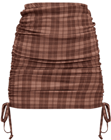 Chocolate Check Print Ribbed Ruched Mini Skirt - Mini Skirts - Skirts - Womens Clothing | PrettyLittleThing USA