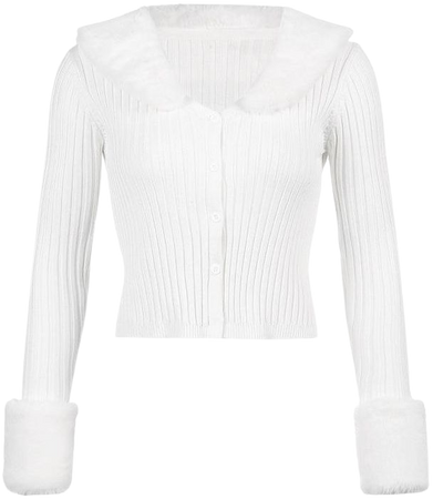 White Fur Trim Cardigan Crop Top Sweater
