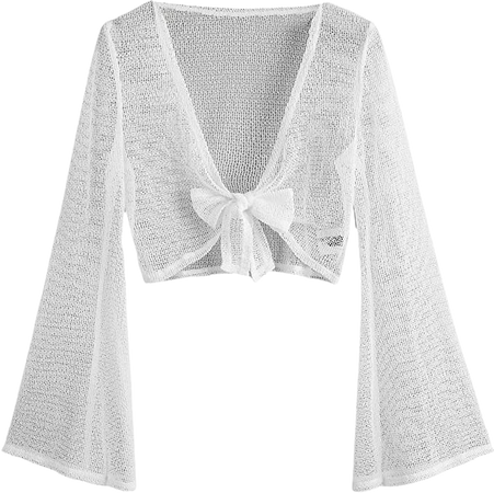 SheIn Women's Bell Long Sleeve Tie Front Crop Cover up Sheer Kimono Cardigan Beachwear White Small at Amazon Women’s Clothing store
