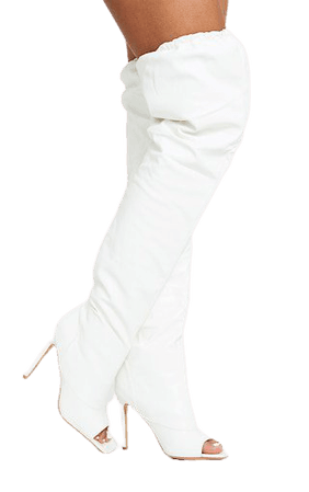 White Square Peeptoe Elastic Knee High Slouch Boots | PrettyLittleThing