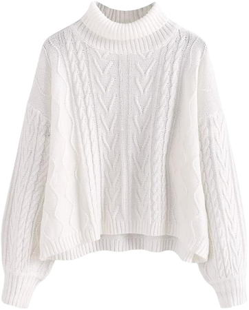 ZAFUL Women's Turtleneck Solid Cable Knit Drop Shoulder Crop Sweater Jumper (5-White, S) at Amazon Women’s Clothing store
