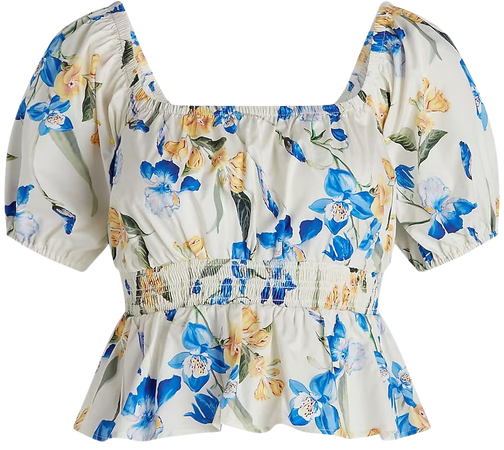 Floral Square Neck Puff Sleeve Peplum Top | Express