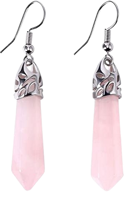 KISSPAT Real Natural Rose Quartz Healing Point Crystal Gemstone Chakra Dangle Earrings