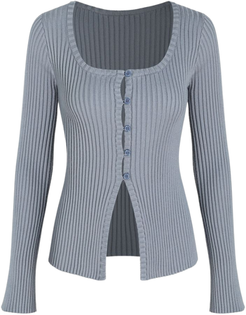 U-neckline Solid Button Knitted Long Sleeve Top - Cider