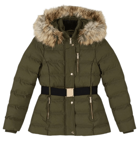 Belted Puffer Faux Fur Short Hooded Coat | Karen Millen