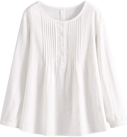 Minibee Women's Scoop Neck Pleated Blouse Solid Color Lovely Button Tunic Shirt White 2XL at Amazon Women’s Clothing store
