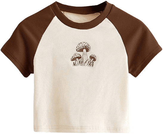 SweatyRocks Women's Graphic Print Round Neck T Shirt Short Sleeve Crop Tee Tops Mushroom Brown M : Clothing, Shoes & Jewelry