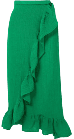 Ruffled Linen-blend Wrap Skirt - Green
