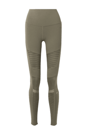 Army green Moto mesh-trimmed stretch leggings | Alo Yoga | NET-A-PORTER