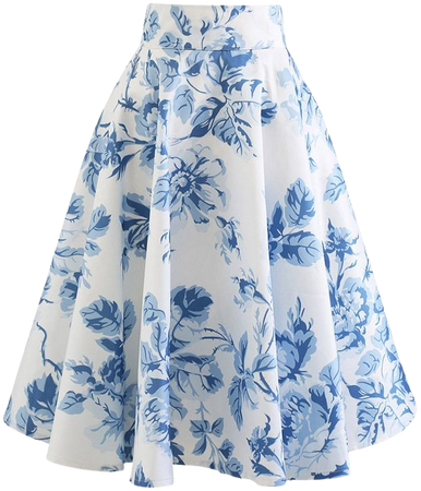 Blue Watercolor Peony Flare Midi Skirt