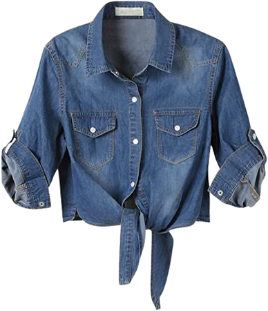 Women's 3/4 Sleeve Front Tie Shirt Denim Shirt Crop Cardigan Jean Crop Top Chambray Knot Shirt Dark Blue Small at Amazon Women’s Clothing store