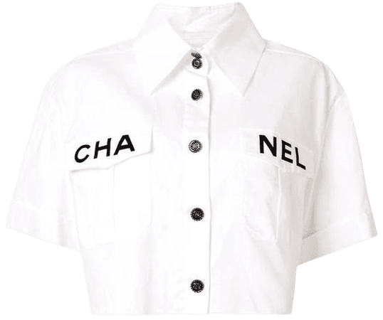 Chanel Runway White Cotton Black 'CHANEL' Short Sleeve Button Collar Shirt