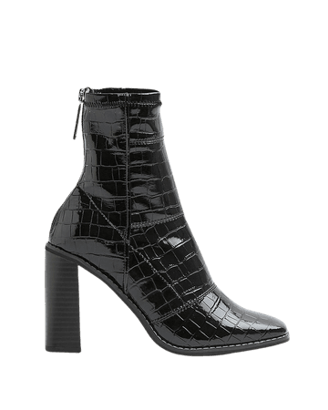 Black croc embossed patent sock boots | River Island