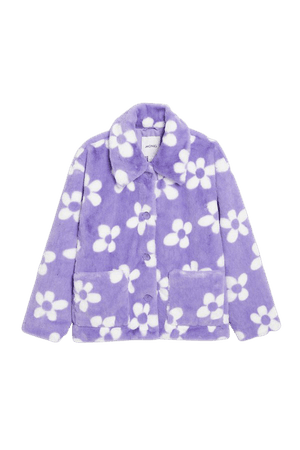 Faux fur jacket - Lilac with white flowers - Faux fur jackets - Monki WW