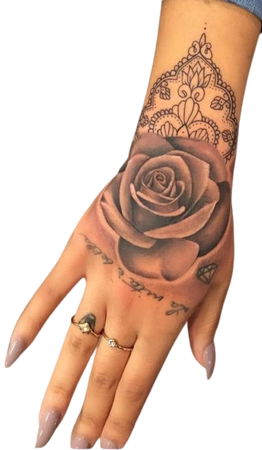 rings, nails, rose hand tattoo