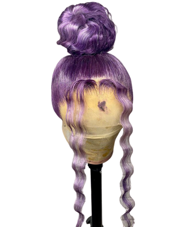 purple crinkly bun with bangs lace wig