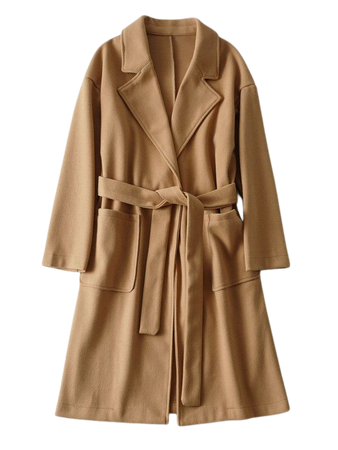 Drop Shoulder Belted Pocket Longline Wool Blend Coat In COFFEE | ZAFUL 2023
