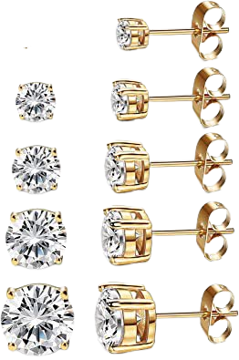 Amazon.com: Kainier Women's 5 Pairs 14K Gold Plated CZ Stud Earrings Simulated Diamond Round Cubic Zirconia Hypoallergenic Ear Stud Set（5 Pairs): Clothing, Shoes & Jewelry