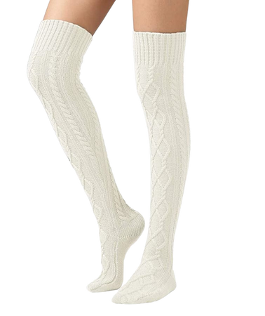 SherryDC Women's Cable Knit Boot Stockings Extra Long Thigh High Leg Warmers Winter Floor Socks White at Amazon Women’s Clothing store
