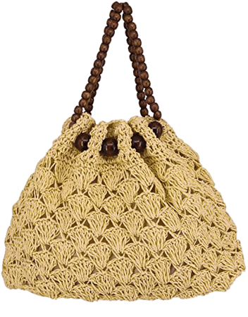 Fashion Women Woven Straw Tote Bag Hollow Out Summer Vintage Straw Beach Bag with Beaded Handle (Beige)