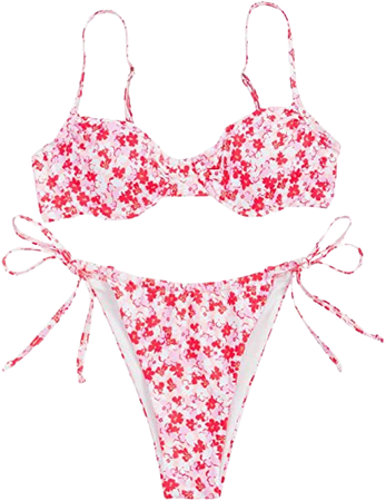 Amazon.com: SheIn Women's 2 Piece Floral Underwire Bikini Set Triangle High Waisted Swimsuit Tie Side Ribbed Knit Bathing Suit : Clothing, Shoes & Jewelry