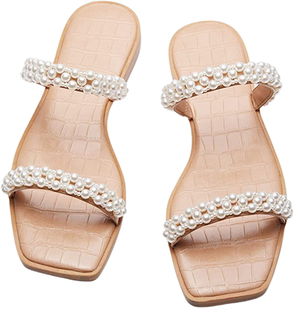Amazon.com | Coutgo Womens Flat Sandals Square Open Toe Pearl Two Strap Slip On Beach Slide Dressy Sandal | Slides