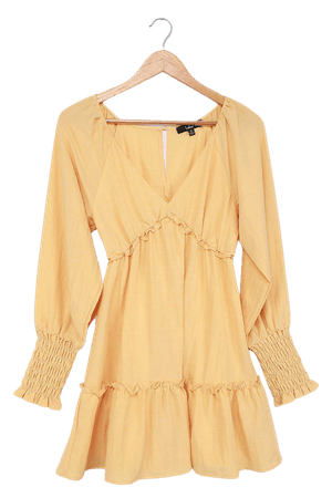 Light Yellow Mini Dress - Ruffled Mini Dress - Long Sleeve Dress - Lulus