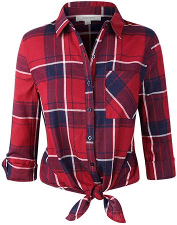 makeitmint Women's 3/4 Roll Up Sleeve Plaid Cropped Tie Front Shirt Blouse Top YIS0008-RED-LRG at Amazon Women’s Clothing store