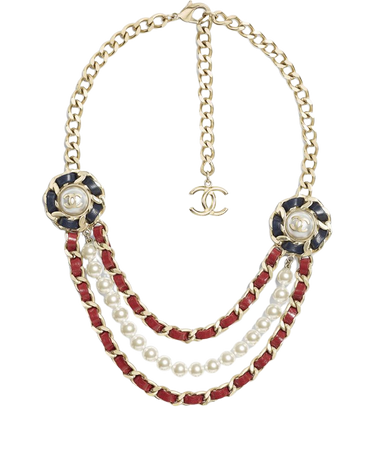 Metal, Glass Pearls, Imitation Pearls & Calfskin Gold, pearly white, red & navy blue Necklace | CHANEL