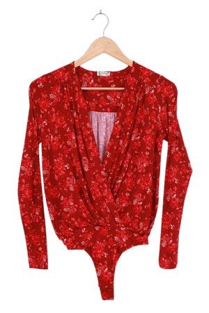 Free People Turnt - Red Floral Print Bodysuit - Surplice Bodysuit - Lulus