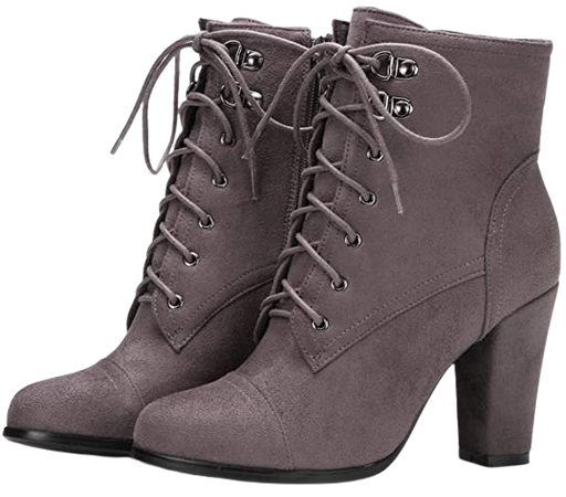 MIOKE Women's Round Toe Martin Ankle Boots Suede Lace Up Zipper Chunky Block High Heel Dressy Short Booties | Ankle & Bootie