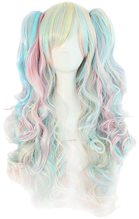 MapofBeauty Multi-color Lolita Long Curly Clip on Ponytails Cosplay Wig (Pink/ Blue/ Blonde)