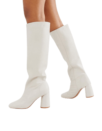 & Other Stories tall leather boots with round heels in off white | ASOS