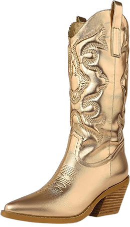Amazon.com | SO SIMPOK Cowboy Boots for Women Embroidered Stitching Chunky Stacked Heel Cowgirl Boots Snip Toe Slip On Mid Calf Western Boots | Mid-Calf
