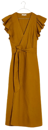 Linen-Blend Ruffle-Sleeve Wrap Midi Dress