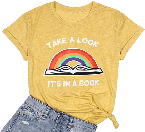 MYHALF Book T Shirt Women Reading Rainbow Shirt Teacher Shirts Casual Graphic Tee Tops at Amazon Women’s Clothing store