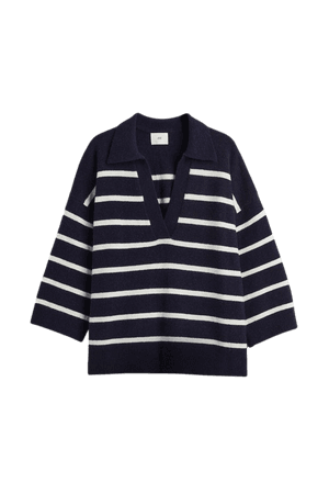 Fine-knit Collared Sweater - Navy blue/white striped - Ladies | H&M US