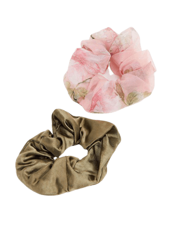 Monki Kelly 2-pack satin & organza scrunchie in brown and print | ASOS