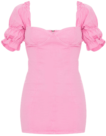 Pink Ruffle Short Sleeve Denim Dress | Denim | PrettyLittleThing USA