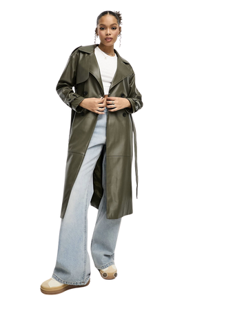 Belted Faux Leather Trench Coat - Khaki