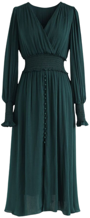Satin Button Down Wrap Midi Dress in Dark Green - Retro, Indie and Unique Fashion