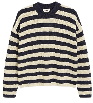 Blue and beige classic crewneck knit sweater - Beige & dark blue stripes - Monki WW