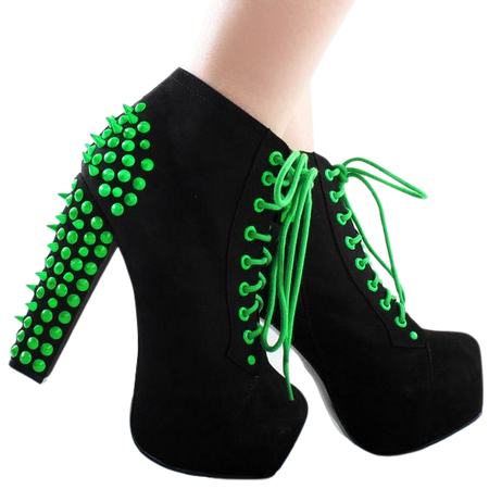Black Neon Green Suede Spike Stud Lace Up Chunky Ankle Boots