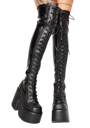 Demonia Camel-300 Thigh High Chunky Heel Platform Boots | Dolls Kill