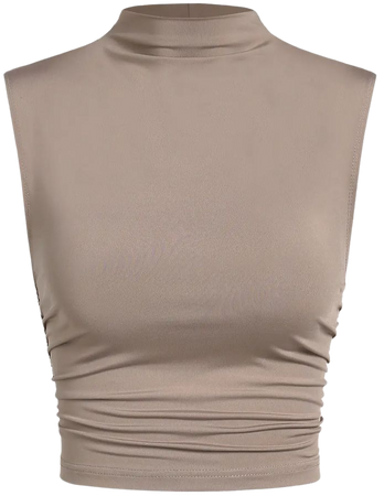 ZAFUL Women's Going Out Solid Color Mock Neck Ruched Crop Tank Top In COFFEE | ZAFUL 2023