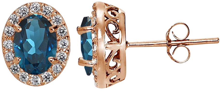 Amazon.com: Rose Gold Flashed Sterling Silver London Blue and White Topaz Oval Halo Stud Earrings: Jewelry
