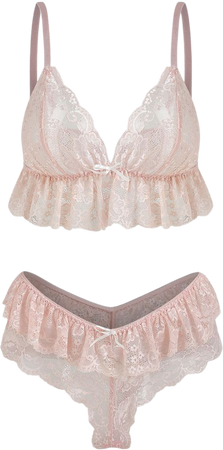 SET Lace V-neck Ruffle Bralette & Middle Waist Panty Lingerie Set