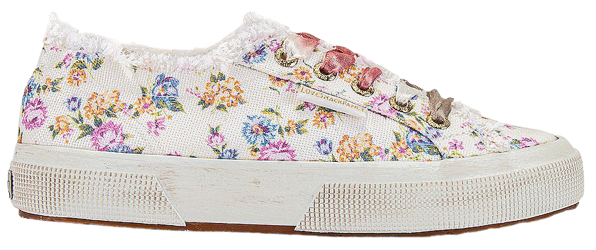 Superga x LoveShackFancy 2750 Flowers Fringed Sneaker in Flower Stream Morning Surf Pink | REVOLVE
