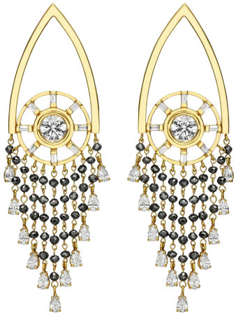 18 Karat Gold Chandelier Earrings with Black and White Diamonds For Sale at 1stDibs