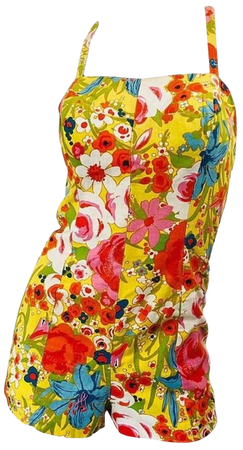 Retro Vintage Floral Romper Playsuit Yellow Red Tropical